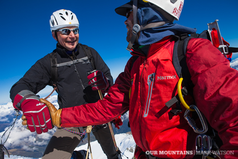 David Viles and Callum Grant (guide) celebrate on the summit of Mount Aspiring. 